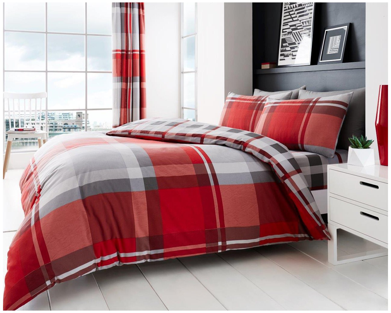 Gaveno Cavailia Luxurious WAVERLY CHECK Bed Set with Duvet Cover and Pillow Case, Polyester-Cotton, Red, Double 11159612