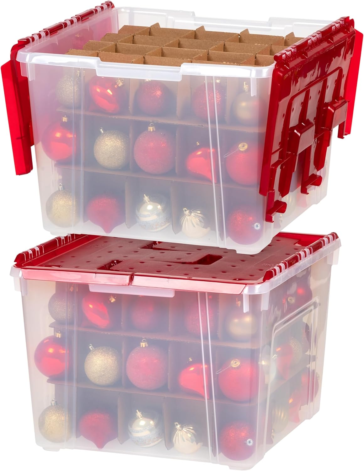 Holiday Décor Storage - IRIS USA Ornament Storage Box with Attached Lid, Stores 75 Ornaments per Bin, 2-Pack, Stackable Durable Christmas Storage Organization Container Bin for Holiday Decorations and Accessories, Clear/Red