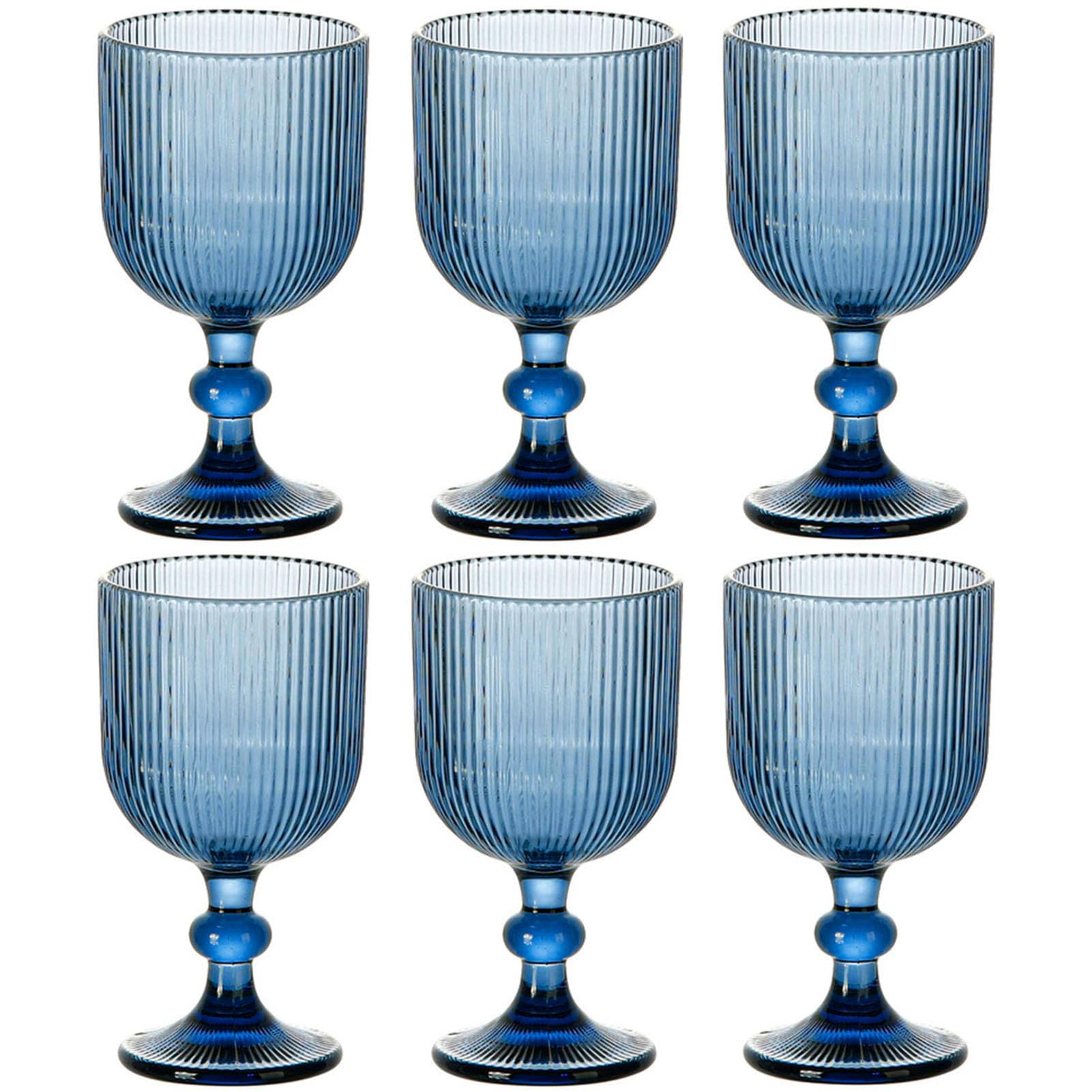 Photo 1 of Taganov Blue Glasses Drinking Water Goblets set of 6 Vintage Glassware 13oz Colored Wine Glasses for Wedding Party Bar Vertical Line Embossed Pattern Stemmed Cups 400ml