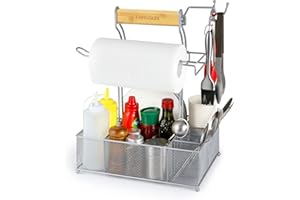 FANGSUN Grill Caddy, BBQ Caddy with Paper Towel Holder, Picnic Condiment Utensil Caddy for Outdoor Camping, Barbecue Accessories Storage Organizer for Griddle Grilling Tool, Rv Patio Camper Must Haves
