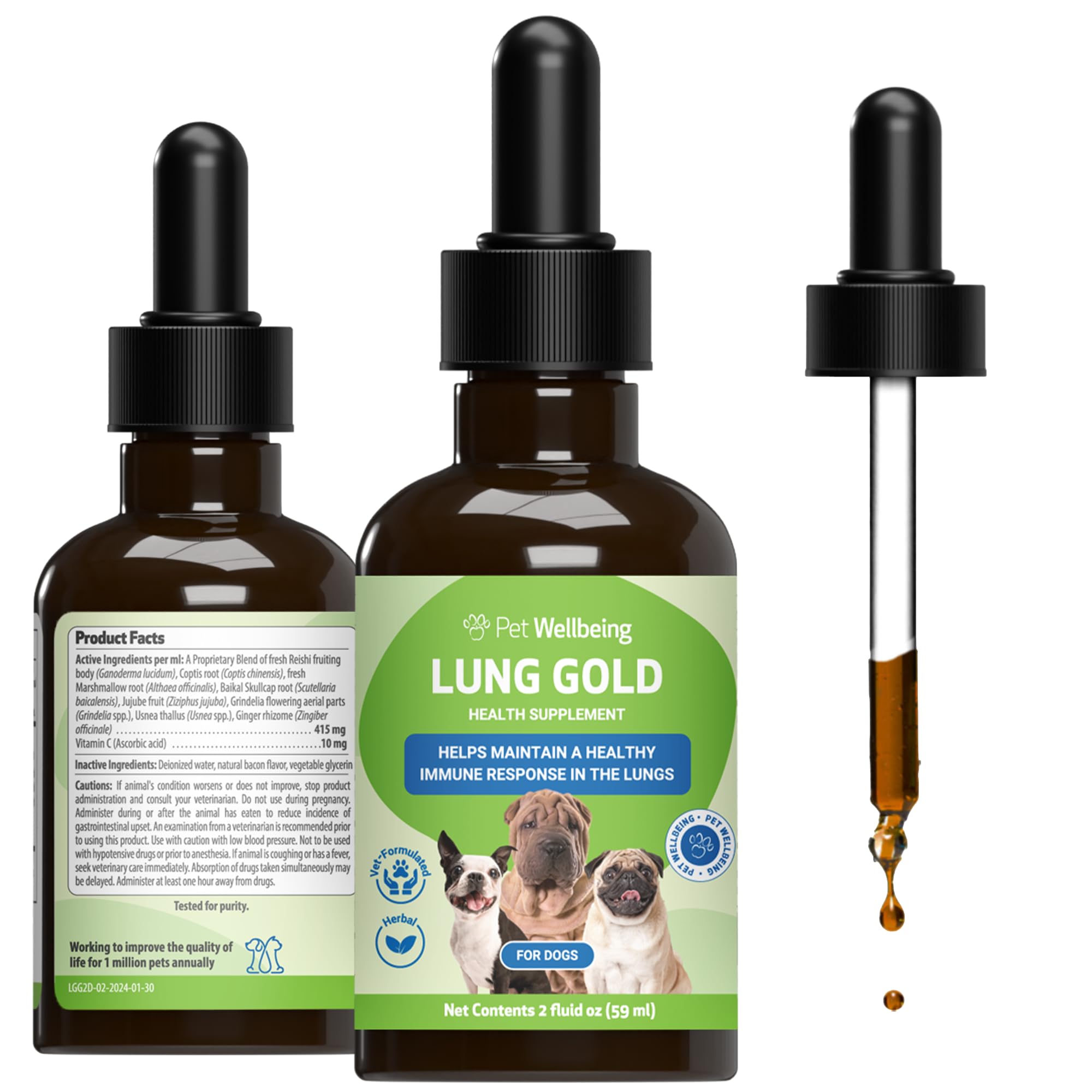 Pet Wellbeing Lung Gold for Dogs - Lung Immune Support, Lower Respiratory Health, Open Airways, Normal Breathing, Reishi, Coptis - Veterinarian-Formulated Herbal Supplement - 2 oz (59 ml)