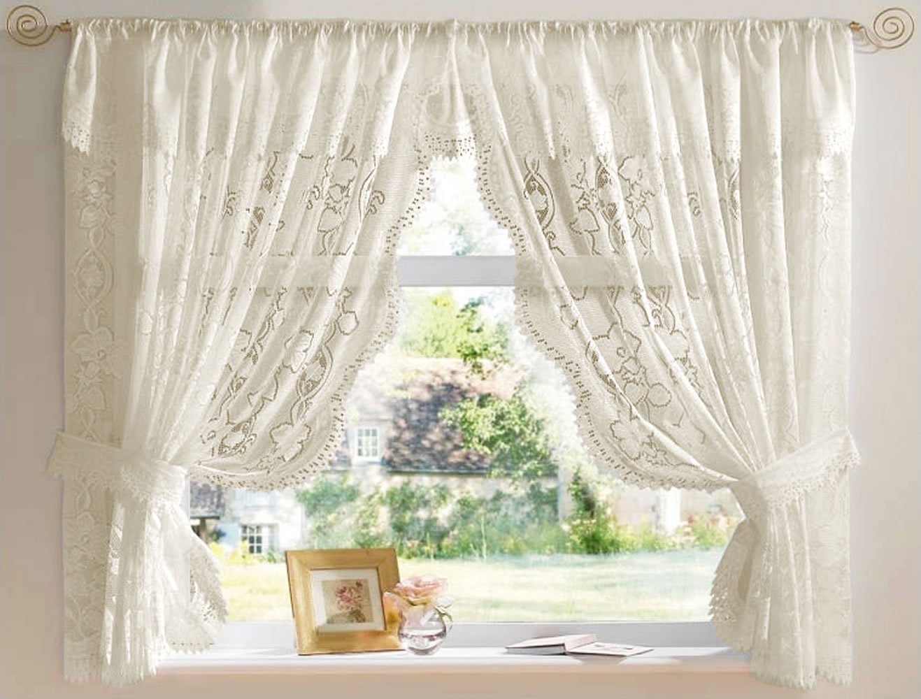 Cream Andrea Net Curtain Set 200" x 63" Jacquard Lace Including Tie