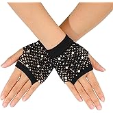 Lusofie Rhinestone Fishnet Gloves for Women Girls Short Mesh Fingerless Gloves for 80s Party Cosplay Halloween Costumes