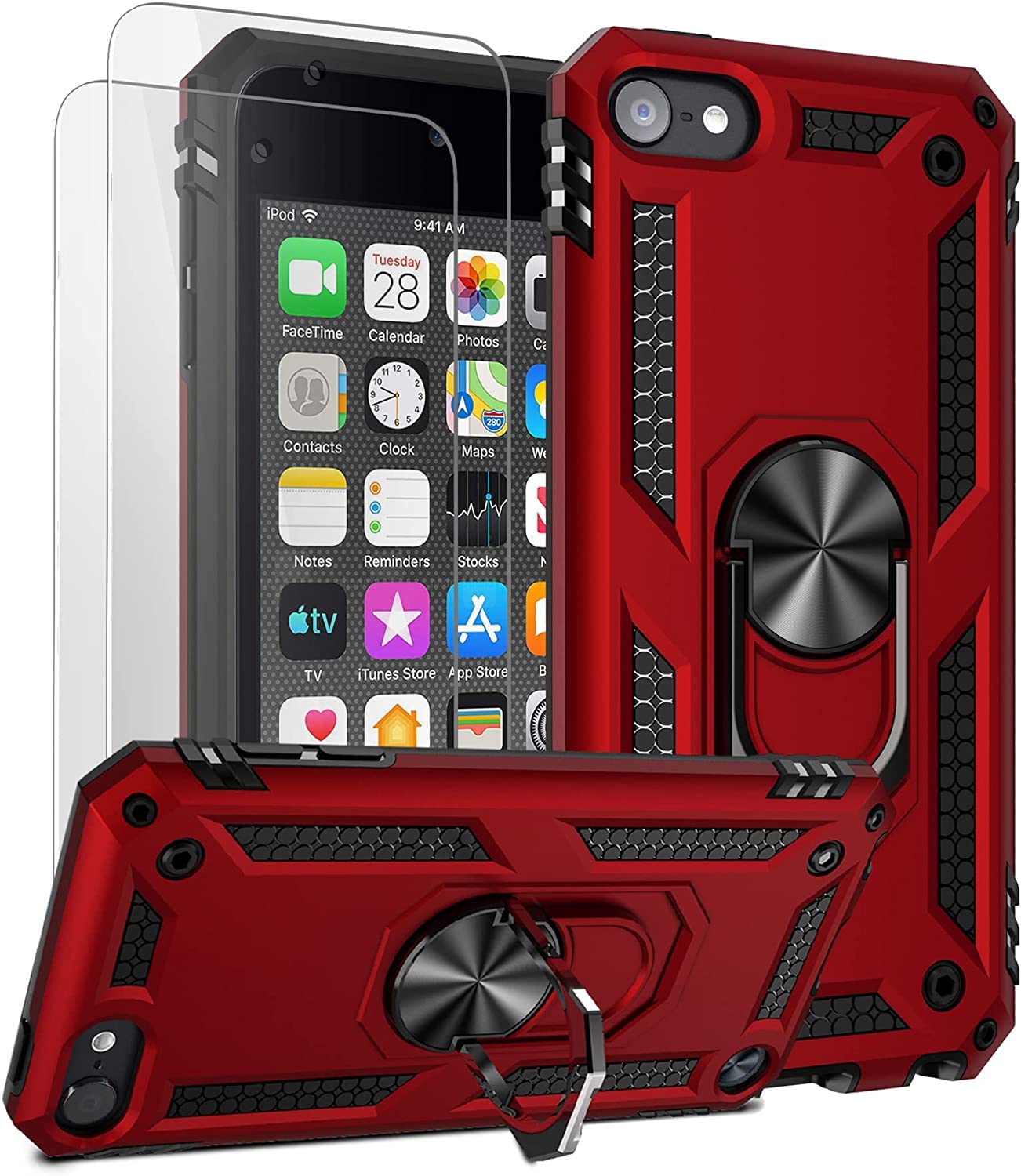 ULAK iPod Touch 7 Case, iPod Touch 5/6 [Military Grade] Dual Layer Protective Case with Stand Function, Soft TPU Bumper Hard Cover for Apple iPod Touch 5th/6th/7th Gen - Red