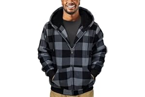 Butygity Plaid Flannel Hoodie for Men Sherpa Lined Jacket Fleece Full Zip Up Coat Winter Warm Thermal Sweatshirts Long Sleeve