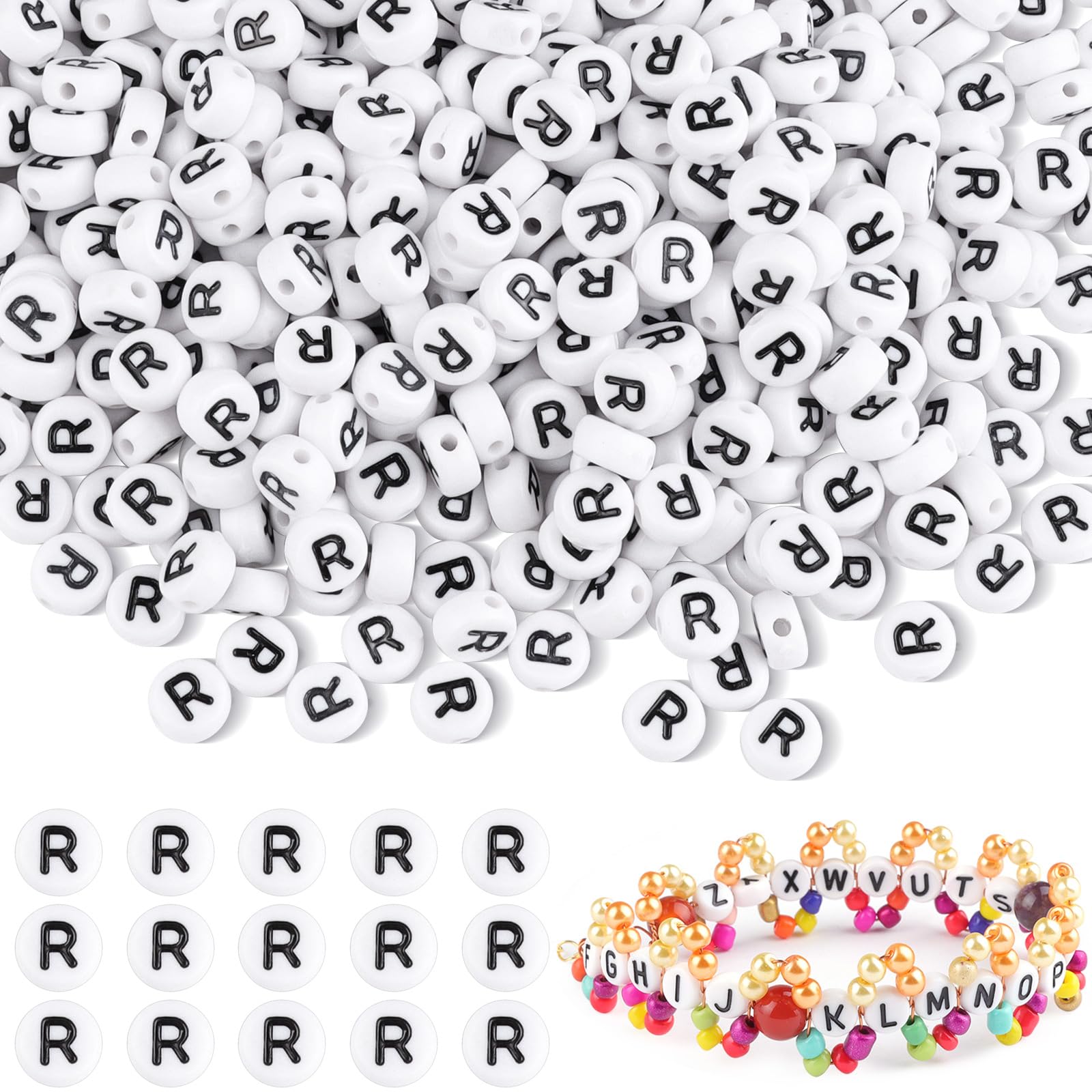 500Pcs Acrylic Letter R Beads,7mm Round Alphabet Beads for Bracelet Making,Spacer for Necklace,Earring and Jewellery Making