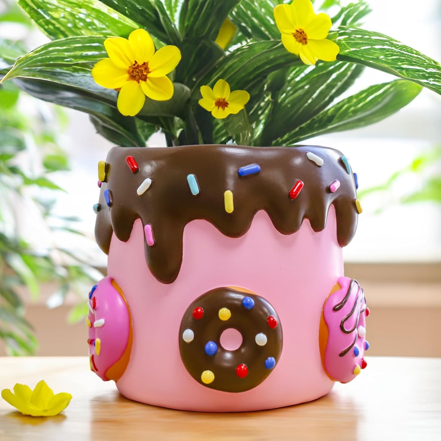 AmiCera Colourful Donut Plant Pot, Unique Flower Pots with Drainage, Cute Small Rainbow Planters for Houseplants, Funny Decorative Succulent Planter Pot, Eclectic Garden Gift for Plant Lovers, Pink
