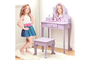 GarveeHome Girls' Vanity Set with Mirror, Makeup Table and Stool for Kids, Wood Dressup Playset for 4-9