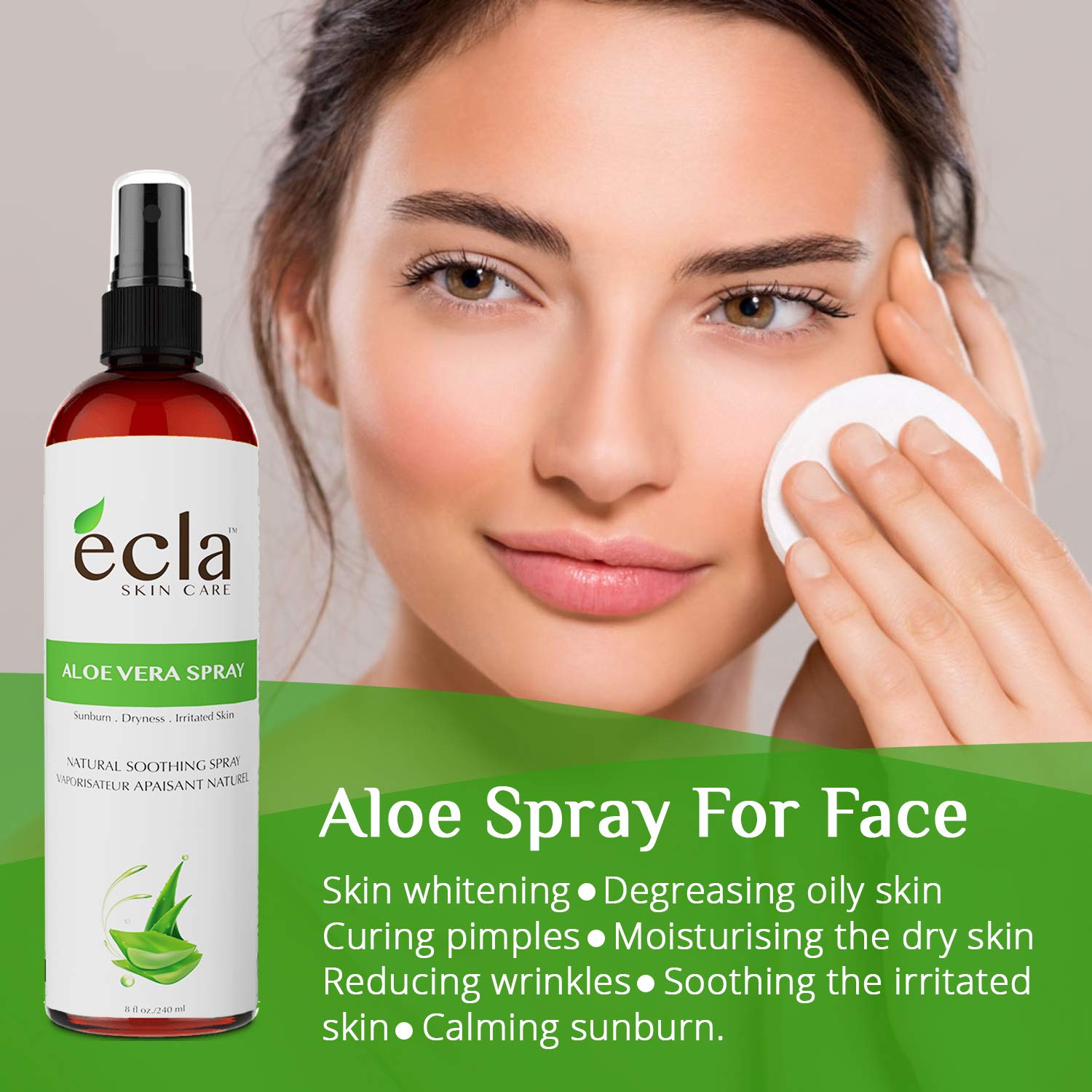 Aloe Vera Spray Mist for Face Body and Hair - Made in Canada with Organic Real Juice (Not Powder) and Seaweed 8 Oz - 240ml Natural Formula Toner to Moisturize and Rebalance Skin and Relieve Sunburns