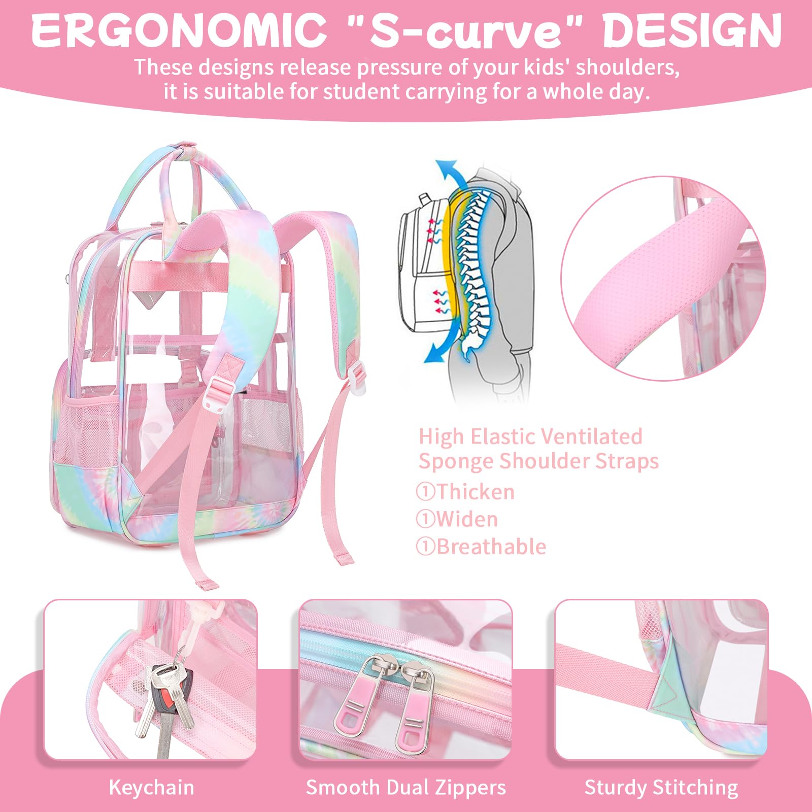 MOONBABY Small Clear Backpack for School Transparent Bookbag for Kids Heavy Duty PVC See Through Backpack Stadium Approved