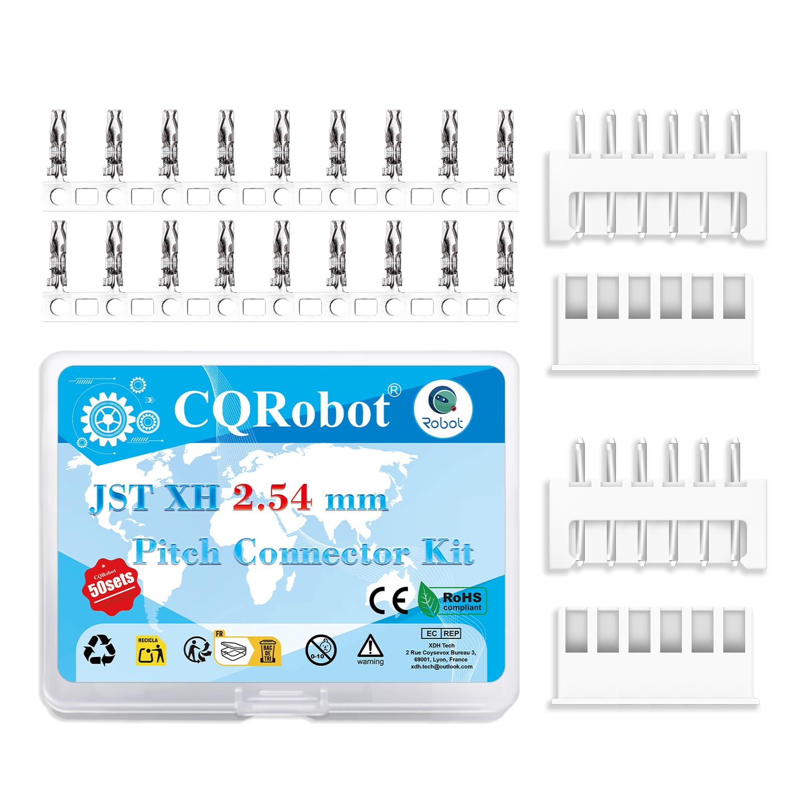 CQRobot JST XH 2.54 mm Pitch 6-Pin Electronic Computer Connector IC Male Plugs, Female Sockets Housing and T-Shaped Crimp Terminal Kit. 50 Sets/400 Pieces Wire-to-Board Adapter Cable Assembly.