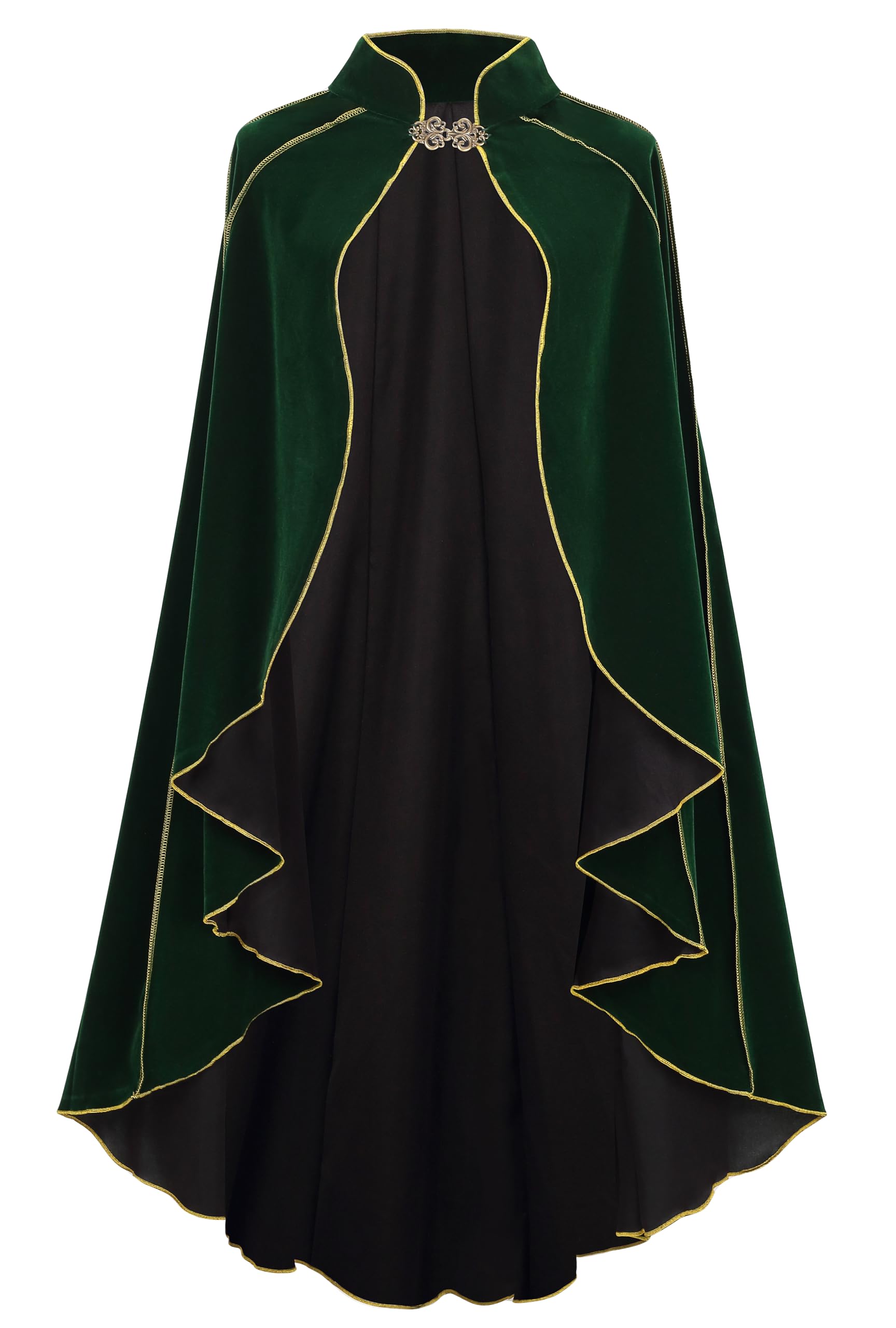 DELIVESS Women's Medieval Renaissance Velvet Cape Stand Collar Gold Trim Cloak for Adults, Halloween Cosplay LARP Party Festival Costume(43.31", Green)