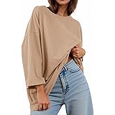 Tankaneo Womens Oversized 3/4 Bell Sleeve TShirts Casual Crewneck Fall Trendy Tunic Tops Loose Fit Basic Tees