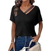 Dokotoo Womens Summer Tops 2026 Waffle Knit Short Sleeve V Neck Cut Out Shirts Loose Tunic Tops Blouses