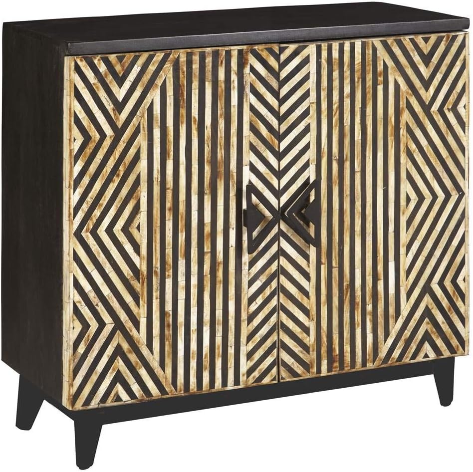 PRI Home Fare Rustic Striped Bone Inlay Accent Chest in Cream and Black