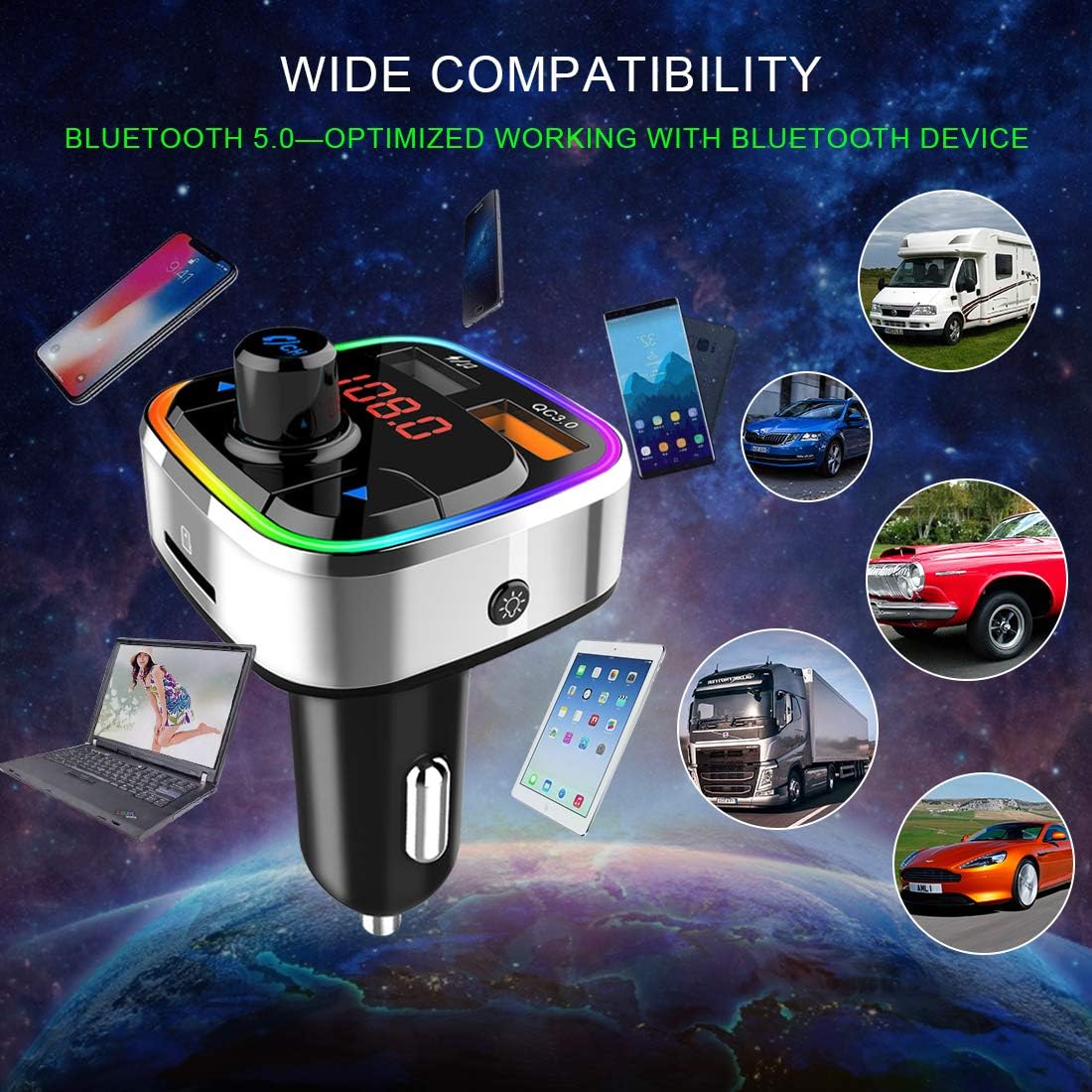 Bluetooth 5.0 Car FM Transmitter,QC3.0 Wireless Bluetooth Car Adapter Mp3 Music Player Car Kit with Hands-Free Calling and 2 USB Charge,LED Backlit,Play TF Card/USB for All Smartphones Audio Players: MP3 Players & Accessories