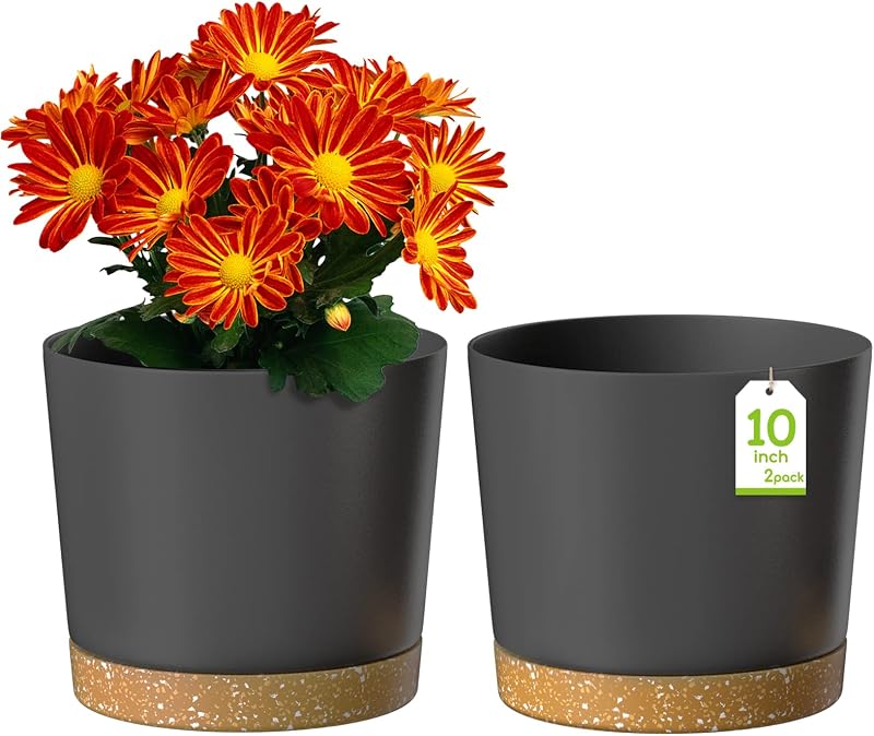 ZMTECH 25cm Plant Pots with Drainage Holes Detachable Saucer Dark Grey (Set of