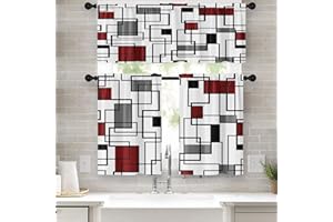 Emvency 36 Inch Kitchen Curtains Red and Black Geometric Abstract Art Window Curtains and Valances Set of 3, Black Line White Short Tier Curtain, Vintage Small Kitchen Decor