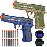 2 Pack Blaster Toy Guns for Boys Fit for Nerf Guns Darts, Small Toys Pistol for Boys Birthday Gifts, for Kids Toddlers Age 6-8 8-12 Year Olds - 16 Refill Foam Darts 2 Wristbands (Blue Green)