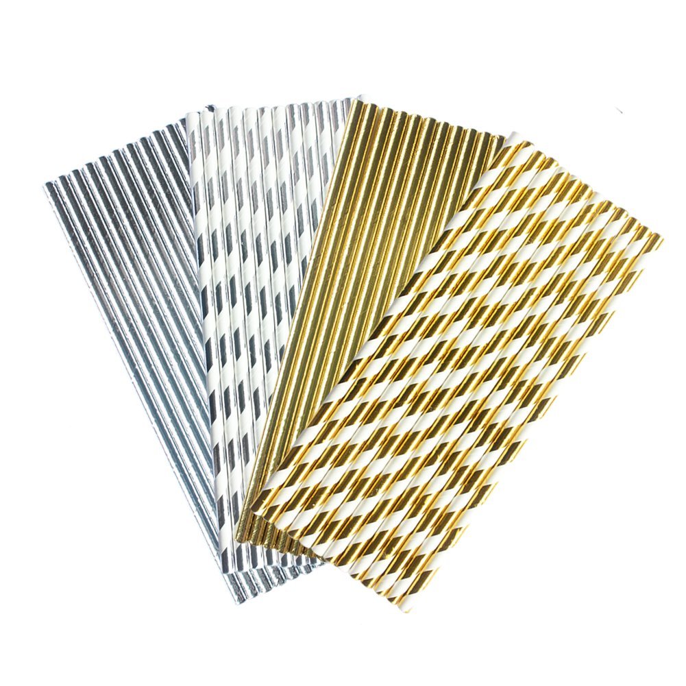Best Wrapping Paper Festive Metallic Gold and Silver Paper Straws 8.25inch 100PCS PACK