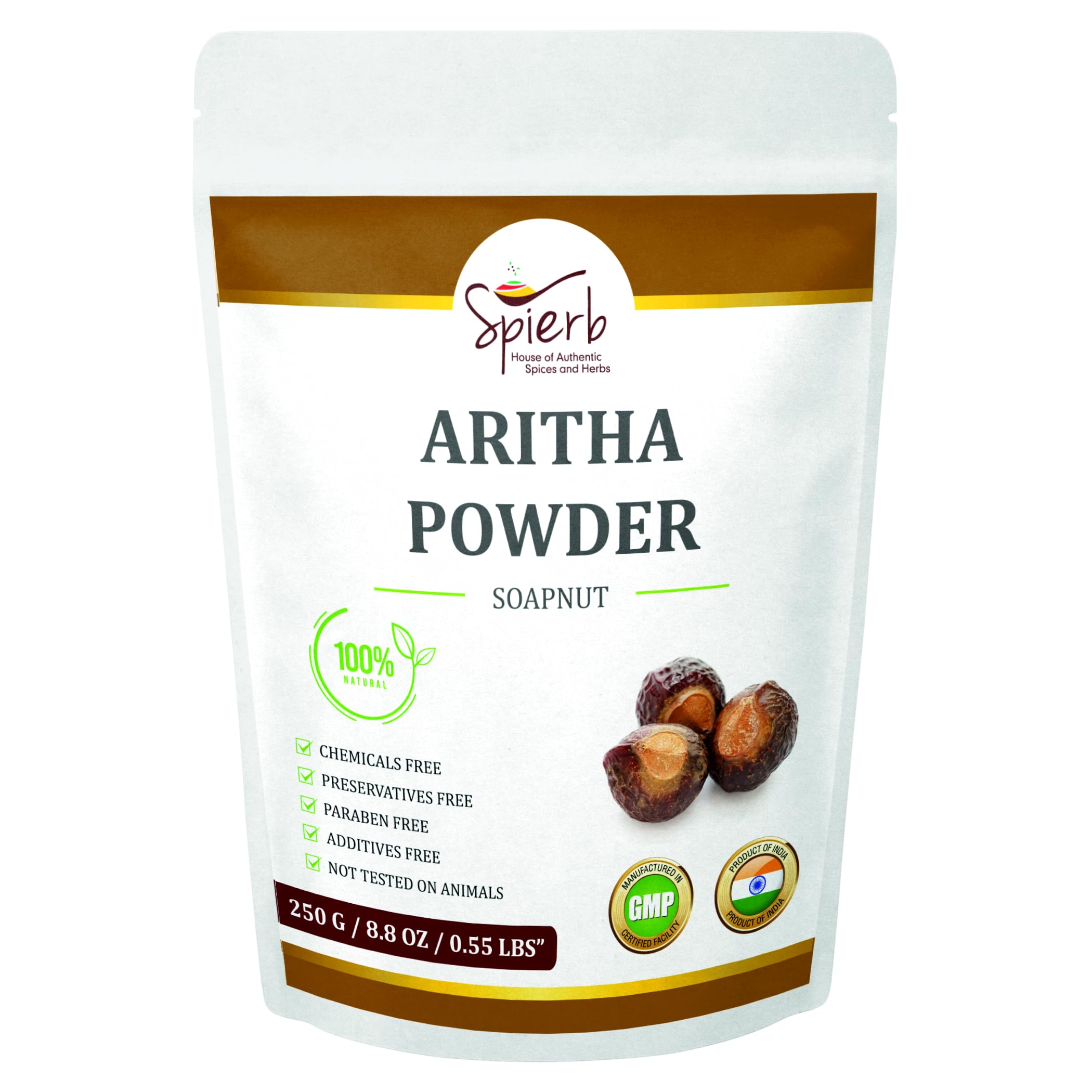 Spierb Aritha Powder 250 gm – 100% Natural Reetha Soap Nut (Sapindus Mukorossi) Ayurvedic Powder for Smooth Silky Hair – Ritha for DIY Shampoo and Conditioner - Pure Areetha from India