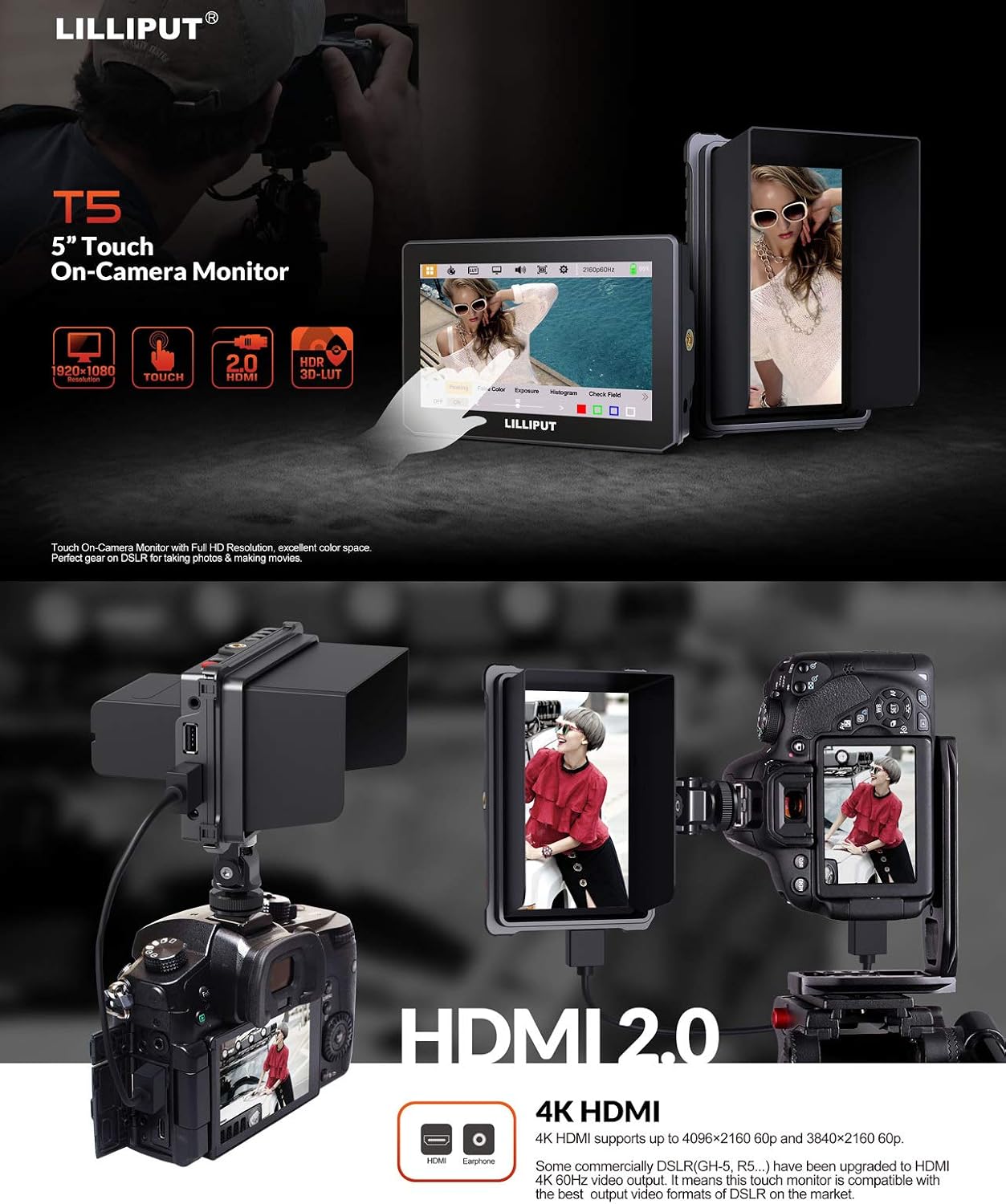 Lilliput 5 inch T5 Touch 1920x1080 4K HDMI 2.0 60P On Camera Field Monitor HDR 3D-LUT Compatible with A7S III BMPCC 4K/6K R5 R6 GH5S Camera ((No battery - Image 3