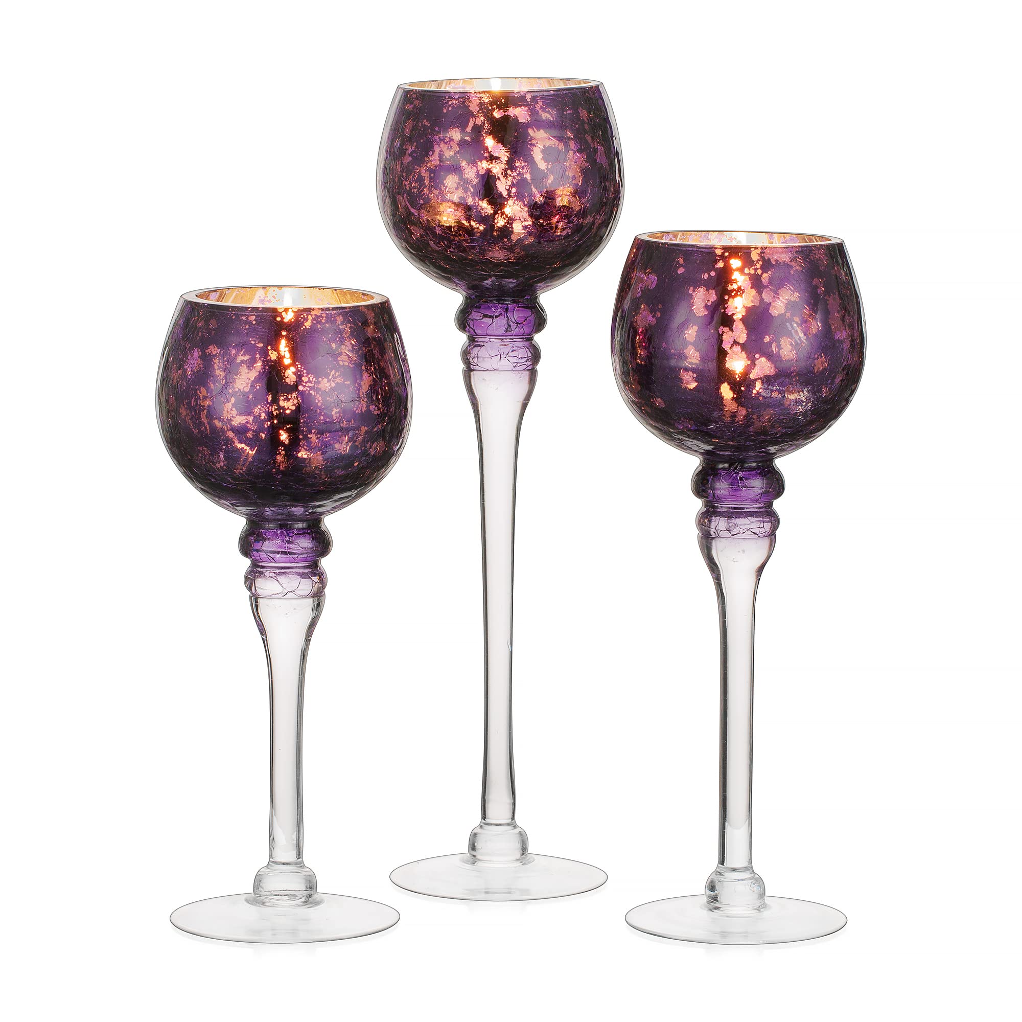 Inweder Tea Light Holders Glass - 3Pcs Mercury Glass Tealight Holders Purple Candle Holders for Christmas Wedding Home Decor Candlestick Holder Tea Light Candle Holder Fit Pillar and Floating Candles