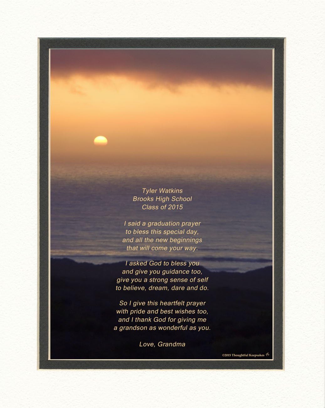 Personalized Grandson Graduation Gift with "Grandson Graduation Prayer Poem" Ocean Sunset Photo, 8x10 Double Matted. Special Keepsake Graduation Gifts for Grandson