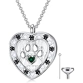 SOULMEET Memorial Pet Necklace for Ashes, Silver/White Gold Paw Print Urn Necklaces with Birthstone for Ashes Keepsake Cremation Jewelry for Pet Cats Dogs