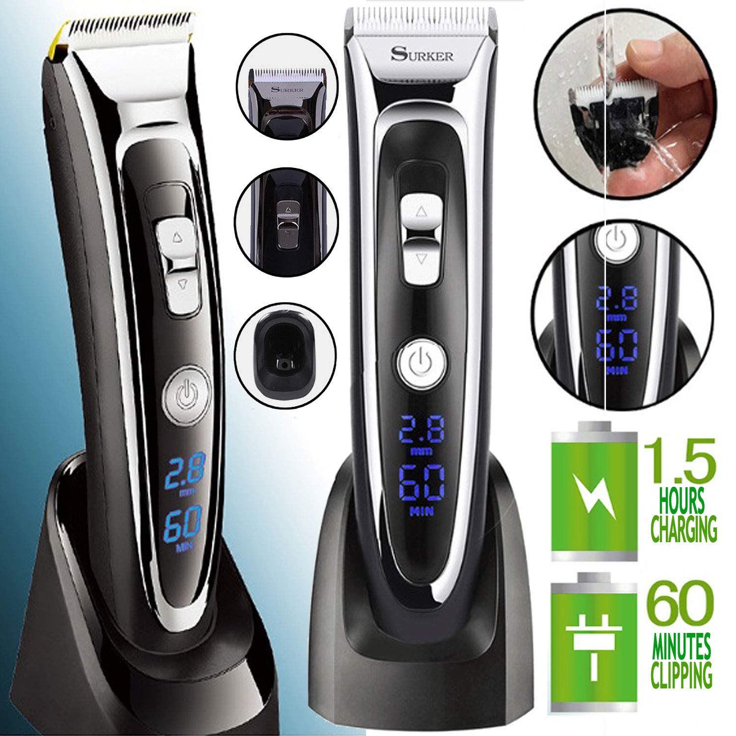 Professional Hair Clipper Cordless Clippers Hair Trimmer Beard Shaver Electric Haircut Kit Ceramic Blade Waterproof Rechargeable Battery LED Display for Men and Family Use with 2 Barber Scissors and 1 Barber Cape Cloth