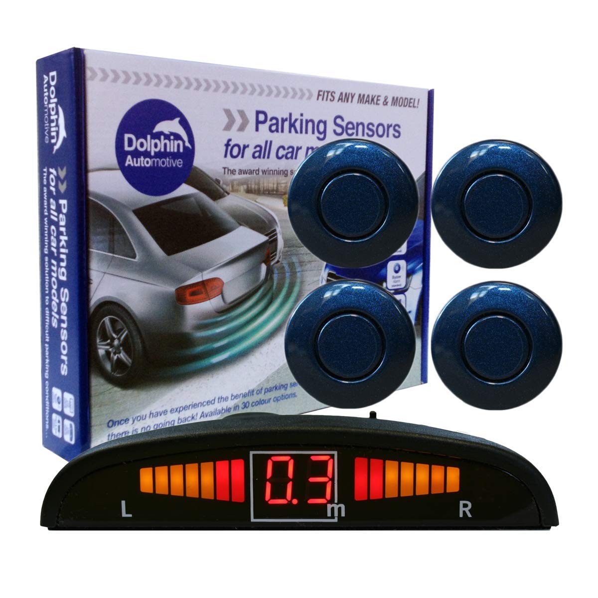 Dolphin Automotive DPS450 Reverse Parking Sensors In 32 Colours 4 Ultrasonic Radar Sensors Kit Audio & Display Alert System - Sea Blue