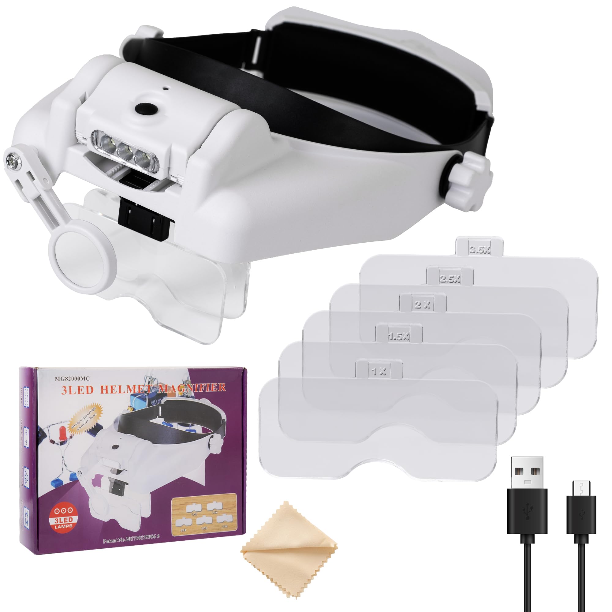 1.0X 1.5X 2.0X 2.5X 3.5X 8X lighted head mount jewelers magnifier headband jewelry making loupe headset reading close work crafts sewing magnifying glasses -LED light interchangeable Lens