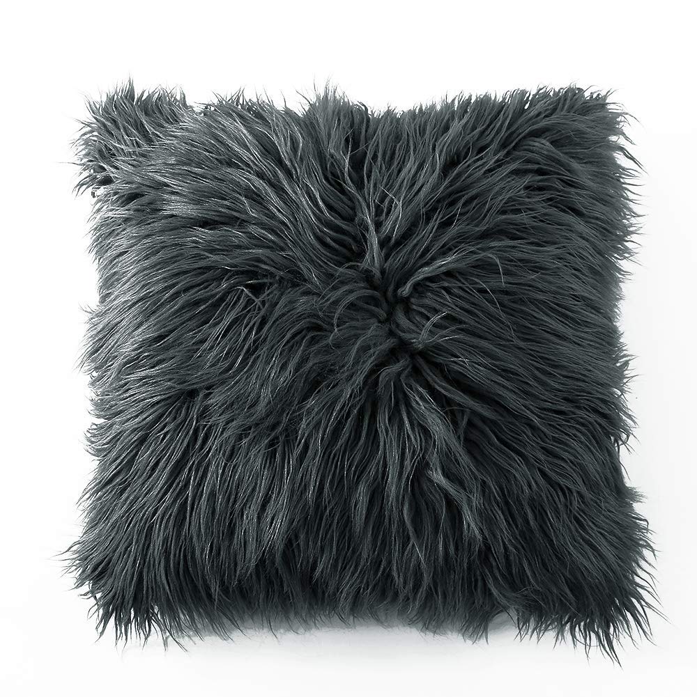 OJIA Deluxe Home Decorative Super Soft Plush Mongolian Faux Fur Throw Pillow Cover Cushion Case (24 x 24 Inch, Dark Grey)