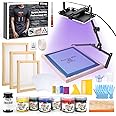 Pllieay 60pcs Screen Printing Kit with LED UV Exposure Lamp, 6 Colors Screen Printing Ink, 3 Size Wood Silk Screen Printing Frames, All The Screen Print Supplies in One Set