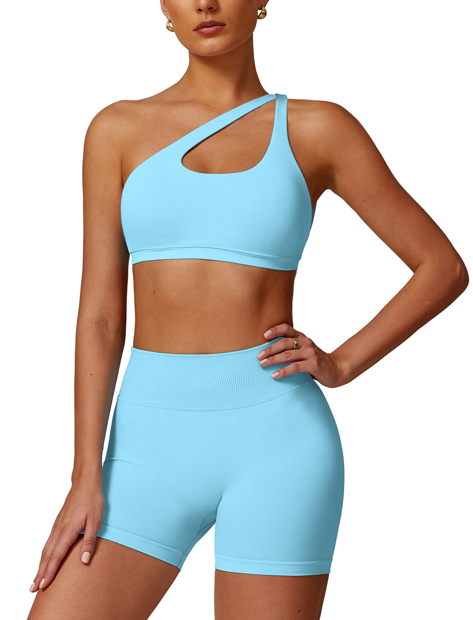Photo 1 of ABOCIW Workout Sets for Women 2 Piece Seamless High Waist Scrunch Butt Lifting Gym Shorts Cutout One Shoulder Sports Bra Yoga Outfits Seamless Ice Blue M