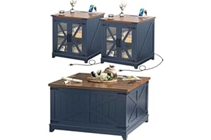 JOAXSWE Farmhouse Coffee Table Sets 3 Pieces, Large End Side Tables with Charging Station and Coffee Table with Hidden Storage Compartment, Blue Living Room Table Set, Wood Furniture Sets for Home Office