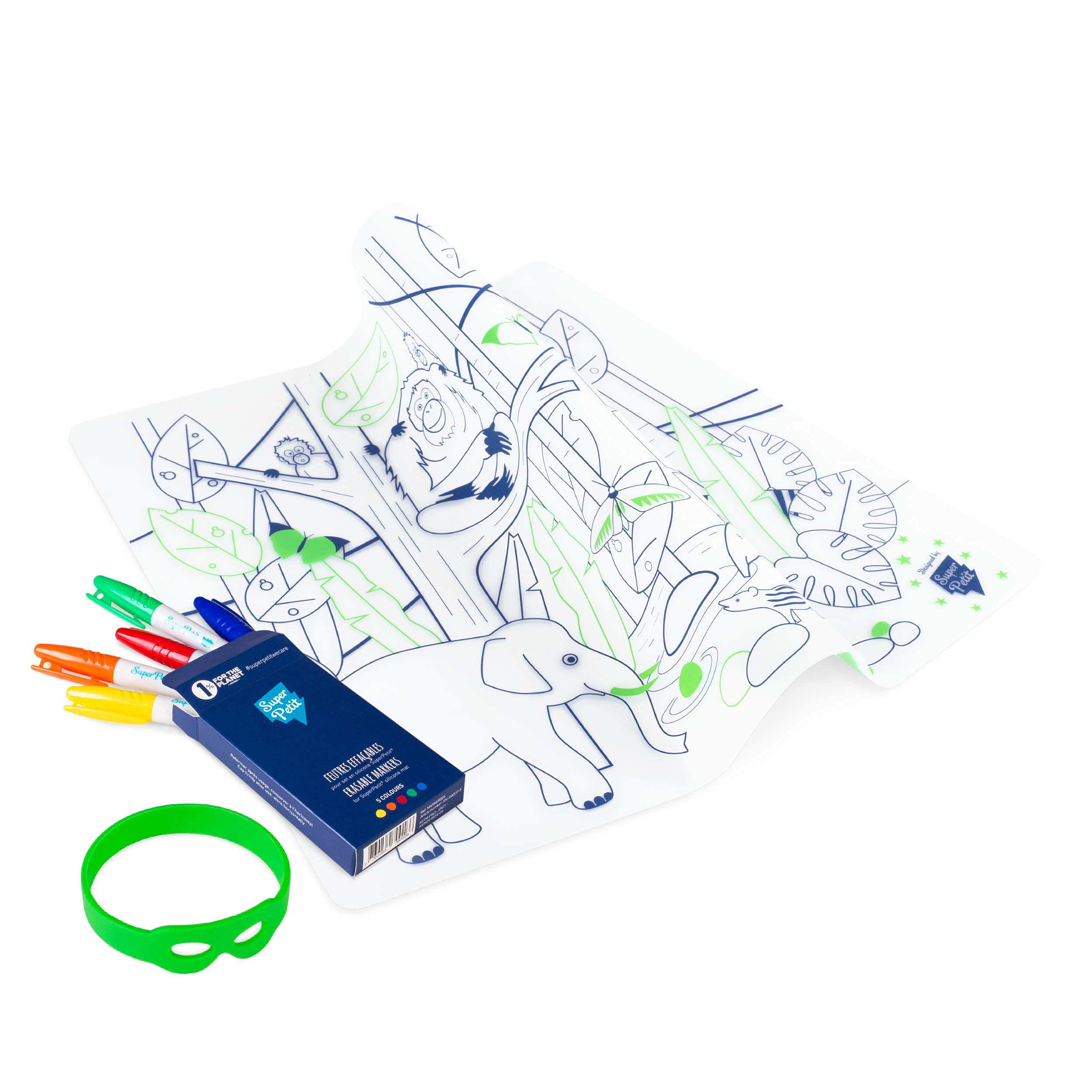 SUPER PETIT Placemat - Jungle Theme Coloring for Young Artists - Educational Game with 5 Felt Tip Pens & Bracelet - Reusable, Antibacterial, Easy to Clean - From 3 Years