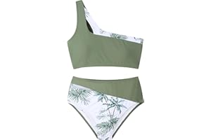 Crazyme Girls Swimsuit 2 Piece One Shoulder Cutout Girls Bikini Top High Waisted Bottom Bathing Suits for Teen Girls