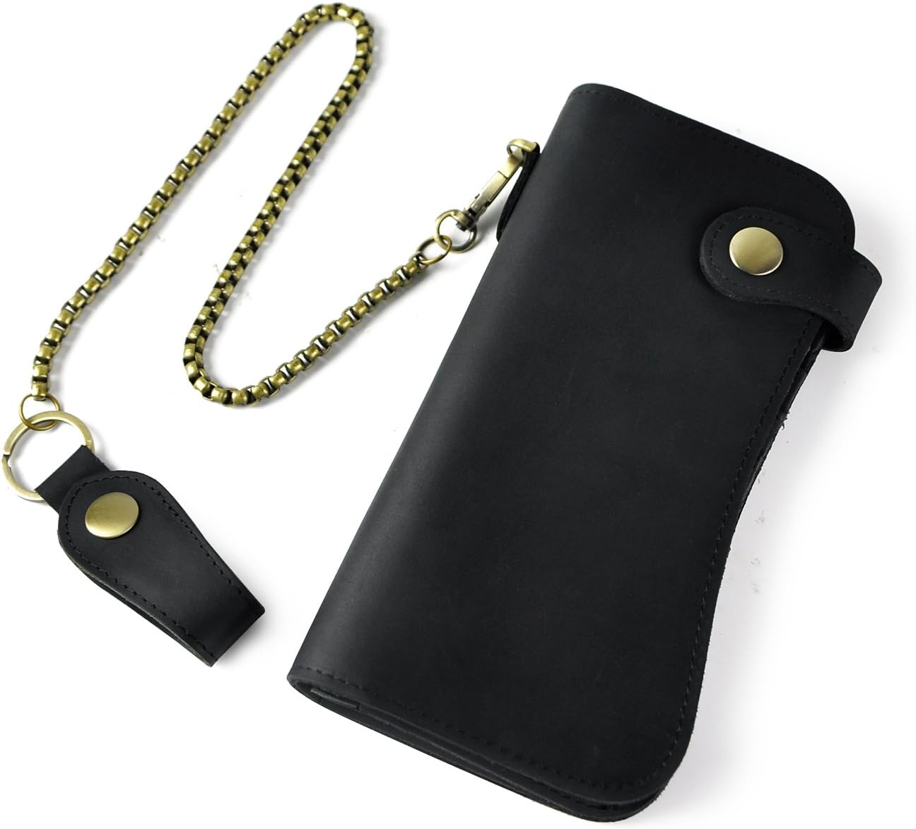Le'aokuu Mens Genuine Leather Bifold Wallet Organizer Checkbook Iron Chain 1088 The Black