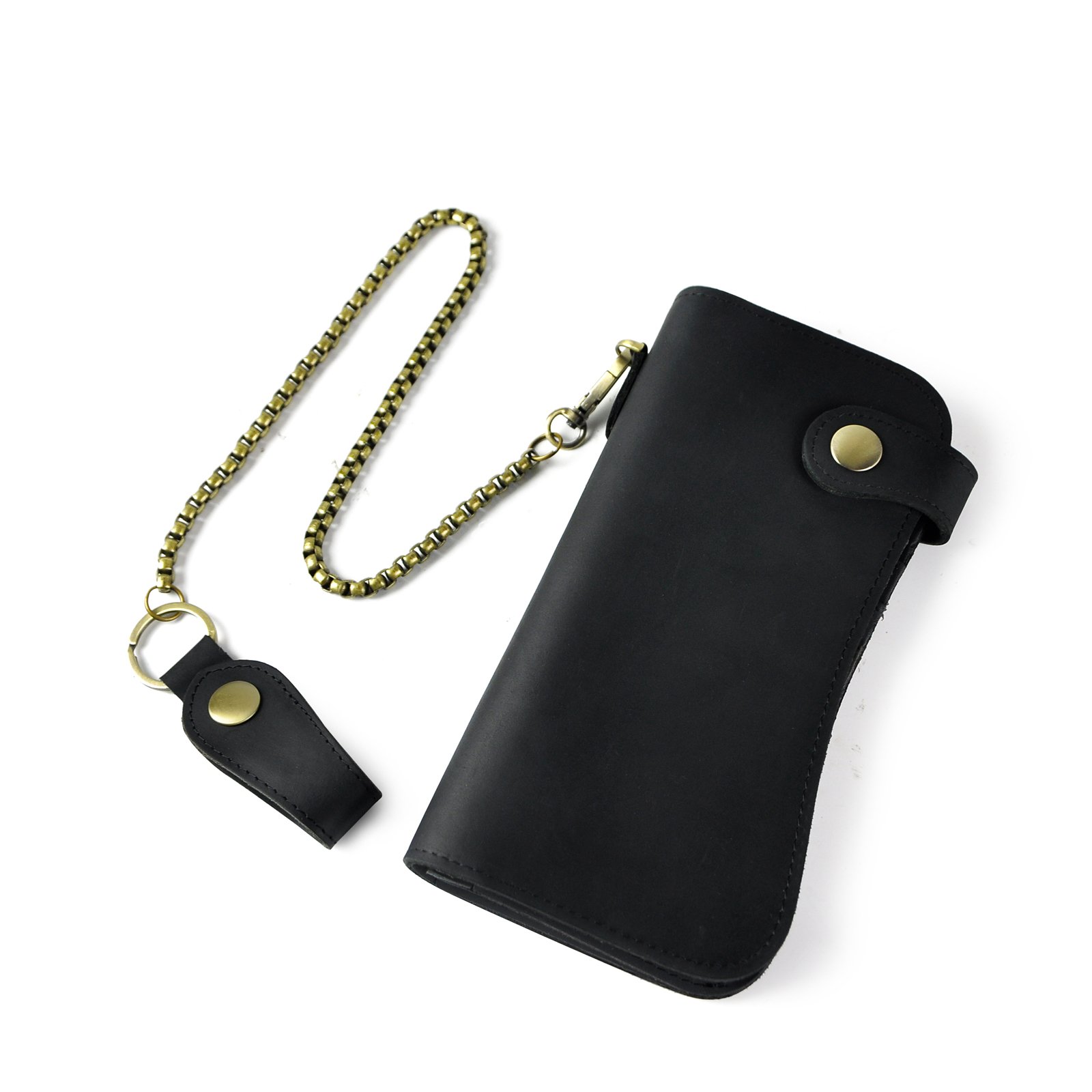 Le'aokuu Mens Genuine Leather Bifold Wallet Organizer Checkbook Iron Chain 1088 The Black