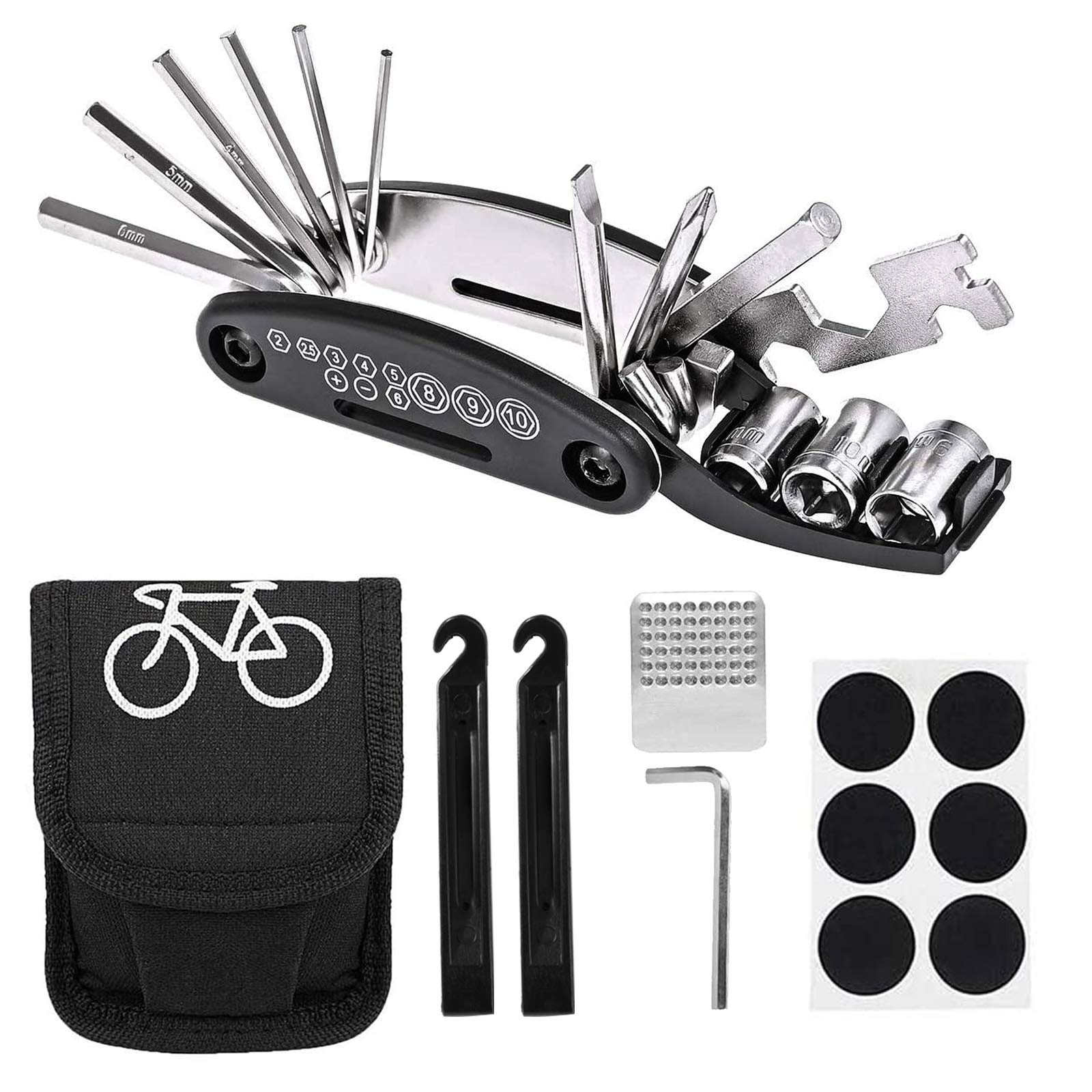 MengH-SHOP Bike Repair Tool Kit 16 in 1 Cycling Multifunctional Bicycle Fix Set with Storage Bag Includes 2 Tire Levers, 6 Patches, Metal Rasp and Extra Allen Wrench, Black, 9x11cm