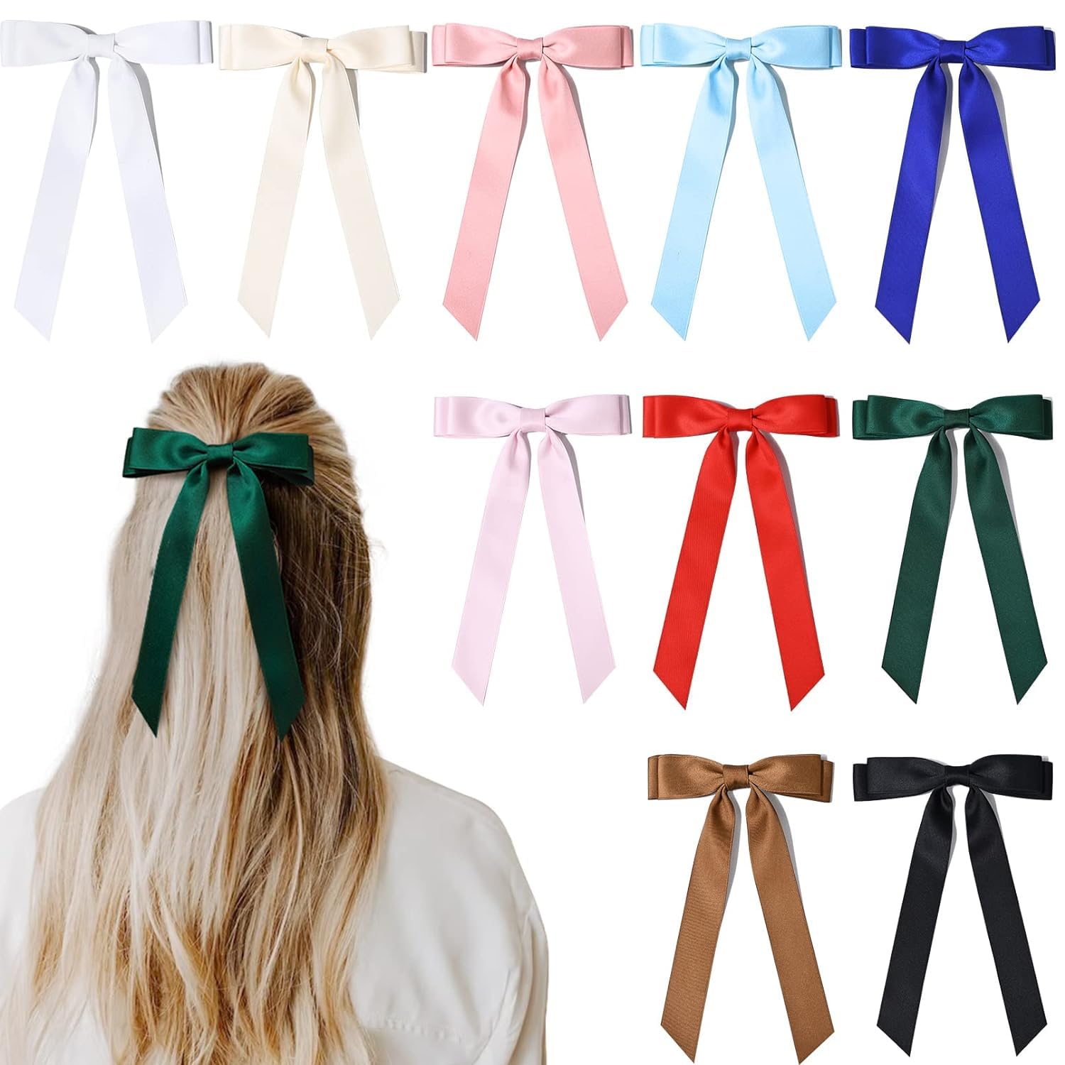 Cute Hair Bows for Women - Silky Satin Hair Bows Hair Clip - Black Hair Ribbon Ponytail Holder Accessories - Clips Hair Bow for Girls Women Toddlers Teens Kids (Pink/Blue/Purple/Red, 4Pack)