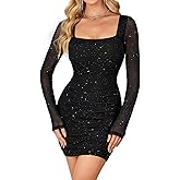 Rooscier Women's Sexy Ruched Bodycon Mini Dress Mesh Sparkly Long Sleeve Club Short Dress