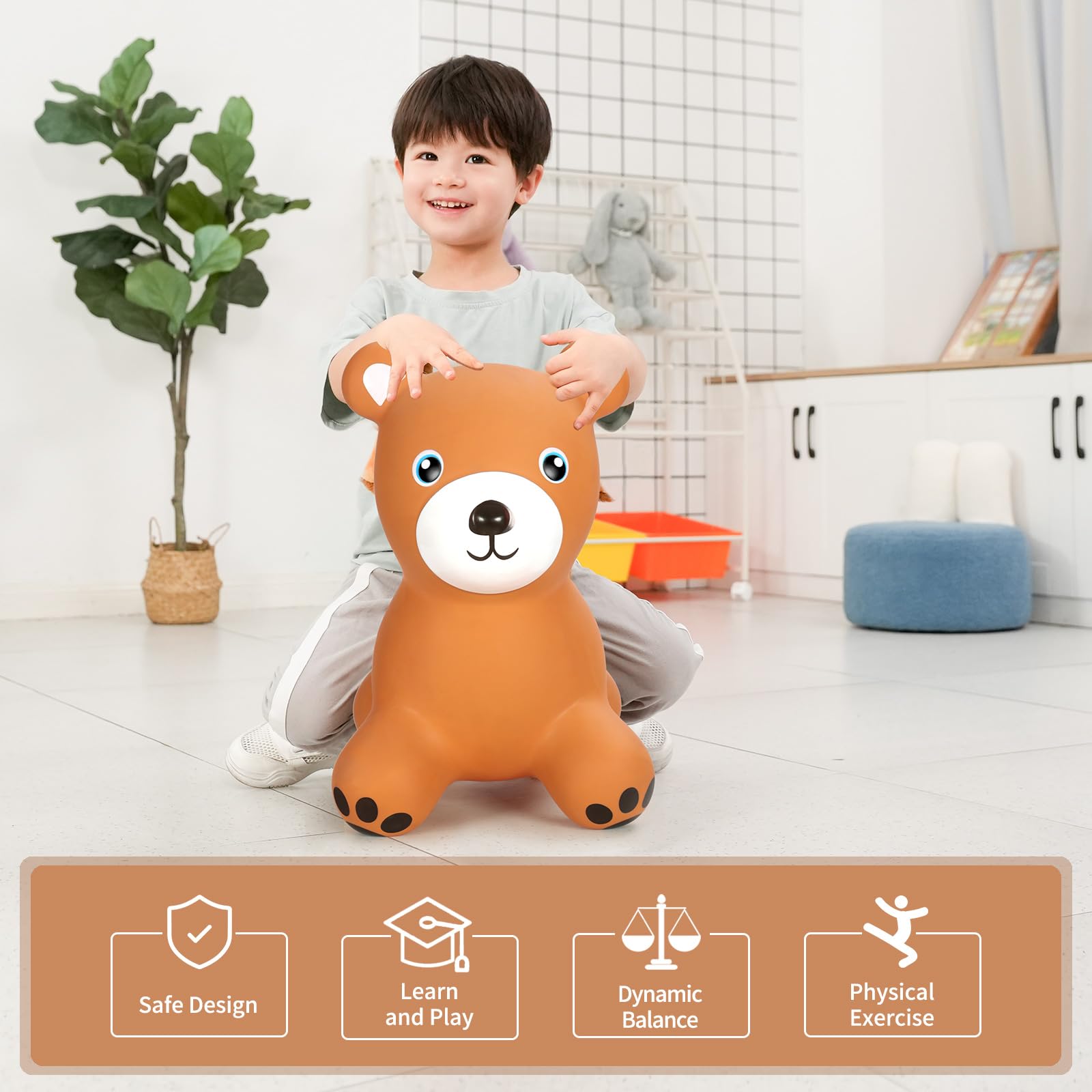 INPANY Bouncy Horse, Bear Hopper Toys, Toddlers Bouncing Animal, Kid Ride on Rubber Bouncer, Outdoor Indoor Cute Birthday Gifts for 2 3 4 Year Old Girls Boys