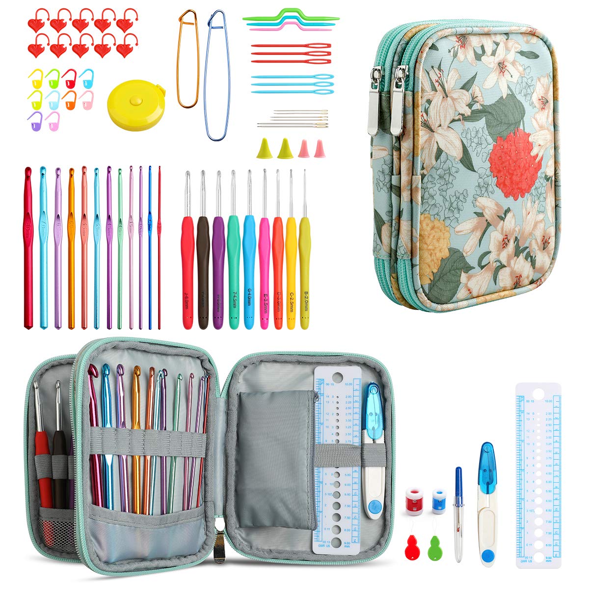 LOOEN 71 Pcs Crochet Hook Set, Crochet Accessories with Case, Soft Grips Crochet Hooks for Beginners (Green)