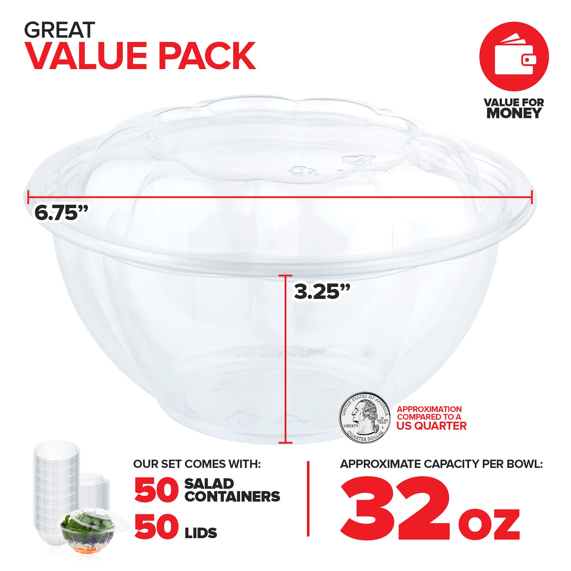 32oz Clear Plastic Salad Bowls With Lids - 150 Count, Disposable, To-Go Containers