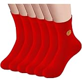 AMZZTCQ Men's Red Socks Crew Sports Casual Calf Socks, New Year Socks,Size 6-10 or 11-14,Red Embroidery (Fu) (6 Prs)