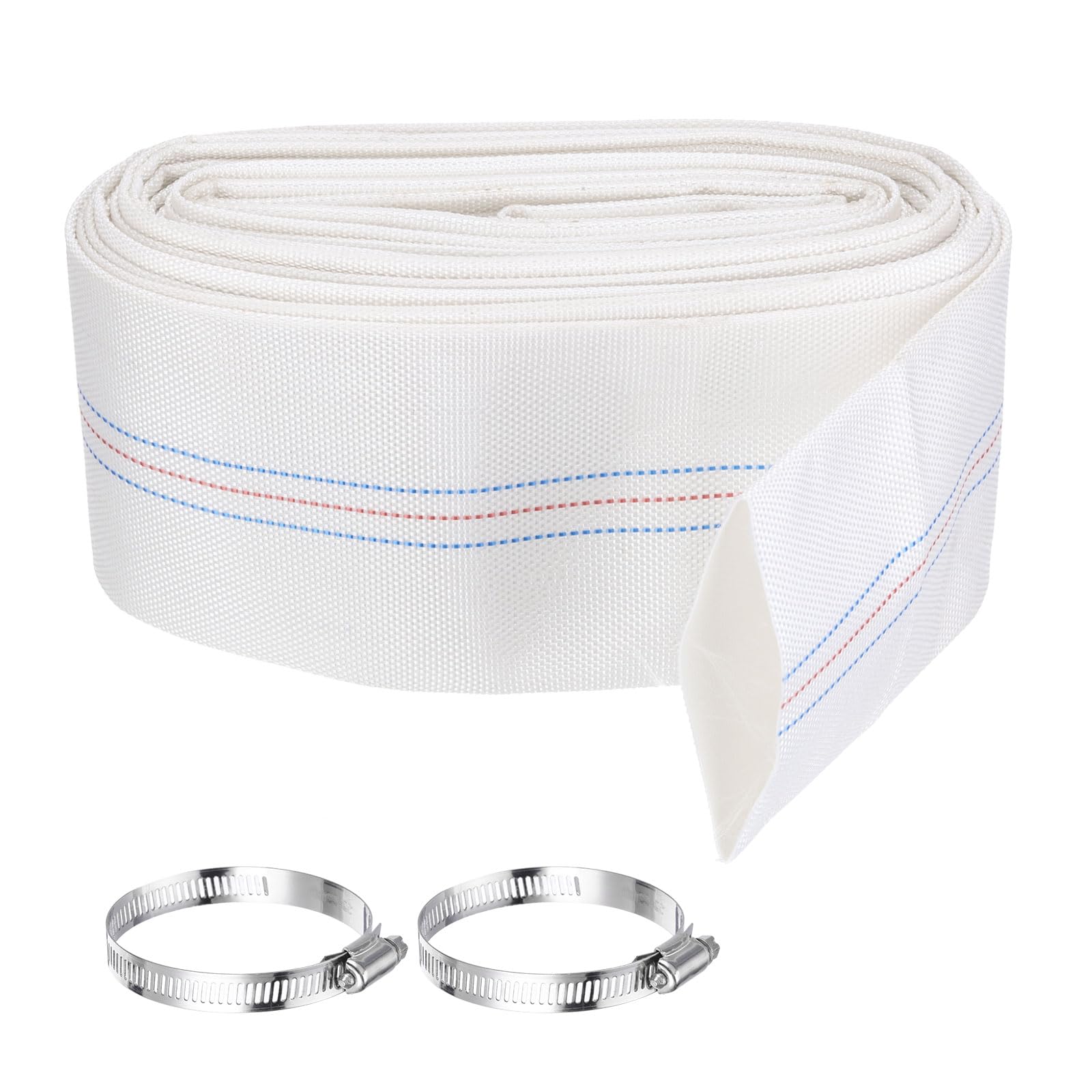 Rebower Pool Backwash Hose, 2.5 Inch x 30ft Reinforced Drain Hose PVC Lay Flat Water Discharge Pump Hoses for Pool Filter Swimming Pump, with 2pcs Clamps, White