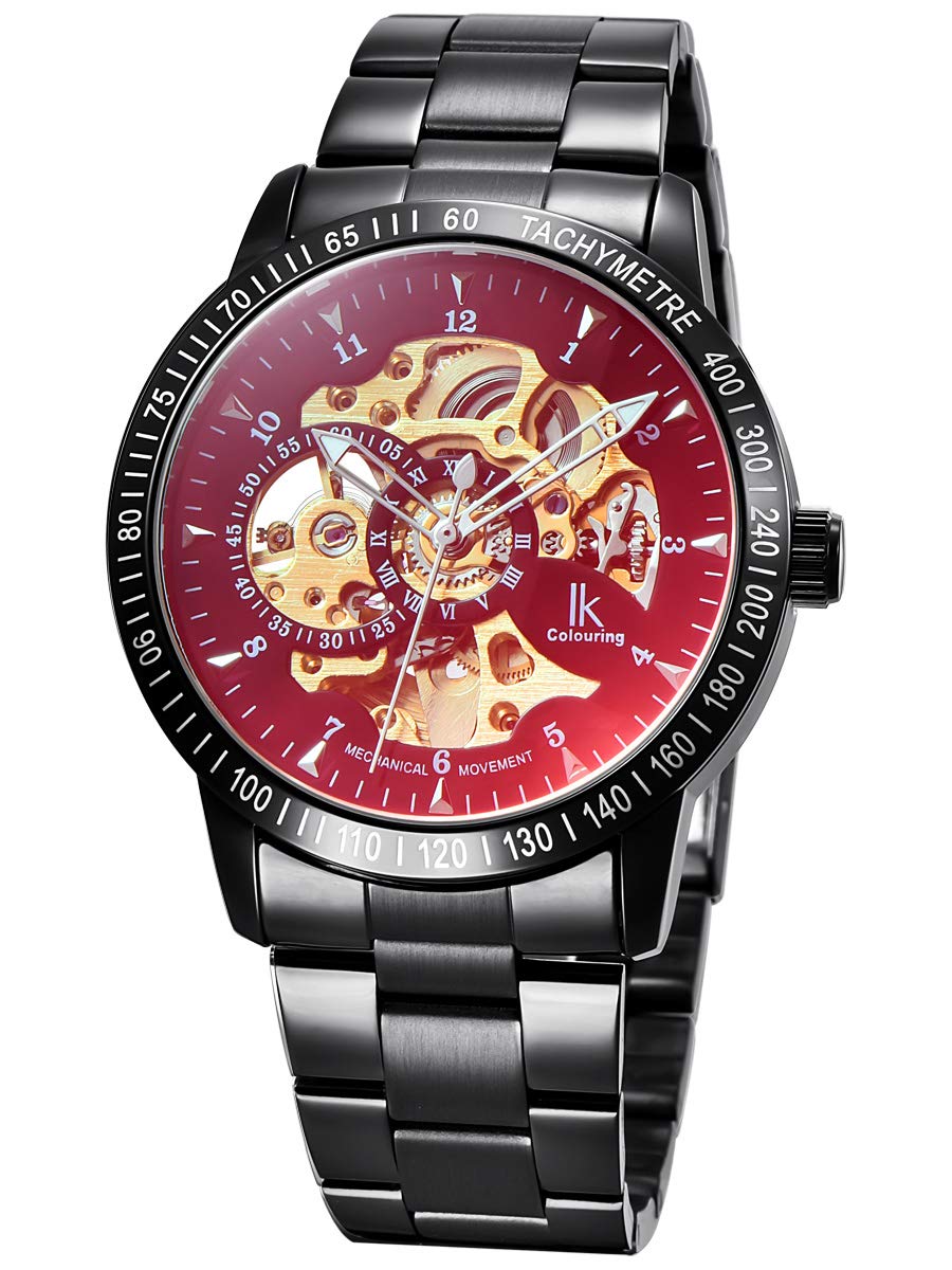 Alienwork Automatic Watch Men Women Black Stainless Steel Metal Strap Skeleton