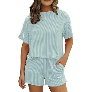 SamLng Women's Ribbed Loungewear Set, Crew Neck Short Sleeve Shirt & Drawstring Elastic Waist Shorts, Comfy Summer Tracksuit